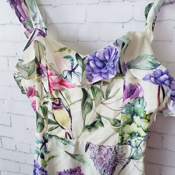 H&M Floral Bird Print Midi Sun Dress Open Back Size 4 NEW Yellow Ruffle Strap - Picture 2 of 13